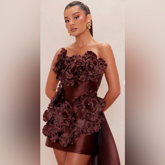 Fashion Nova Chocolate Brown Floral Appliqué Mini Dress with Side Train - Picture 3 of 12